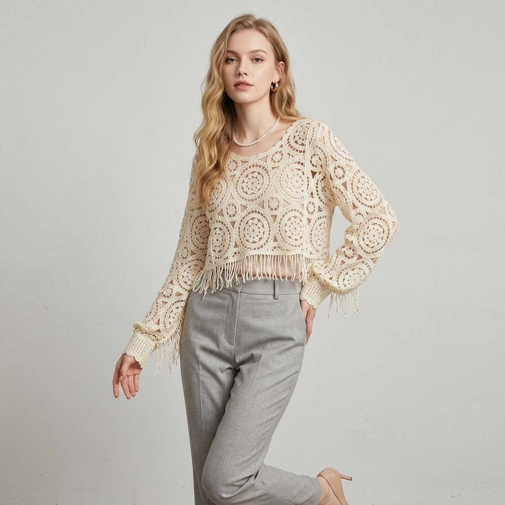 Fringe Crochet Open-Knit Batwing Top