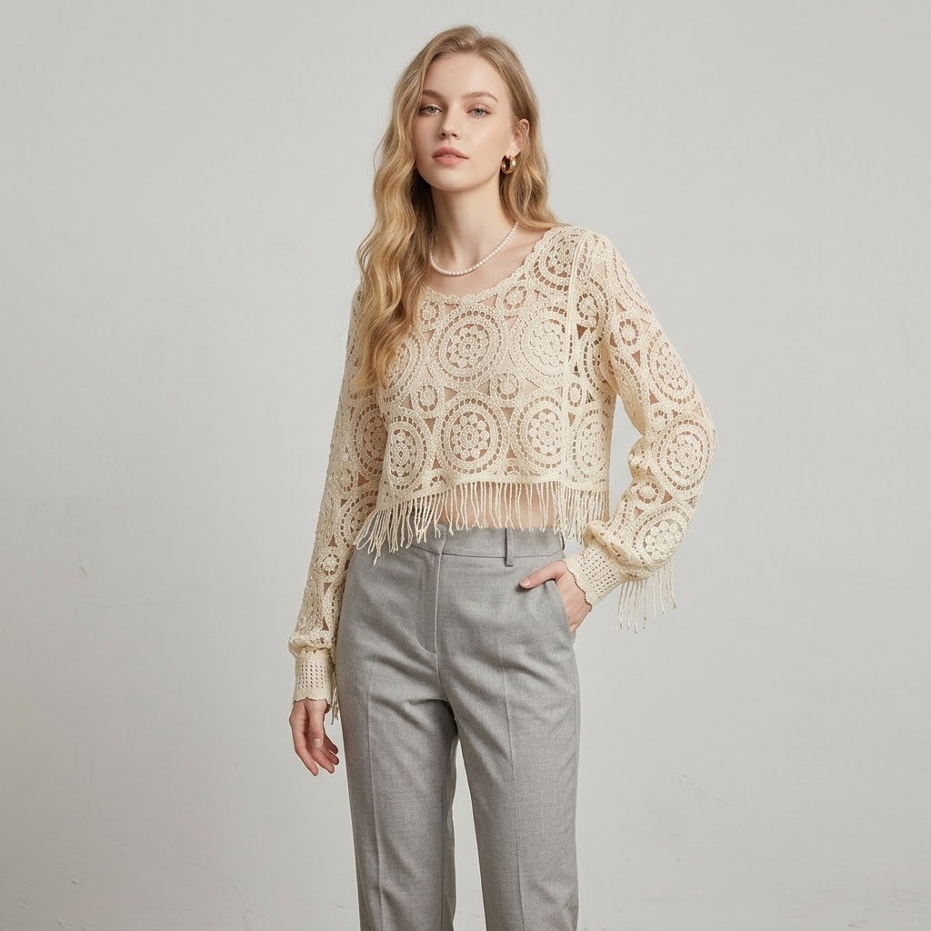 Fringe Crochet Open-Knit Batwing Top