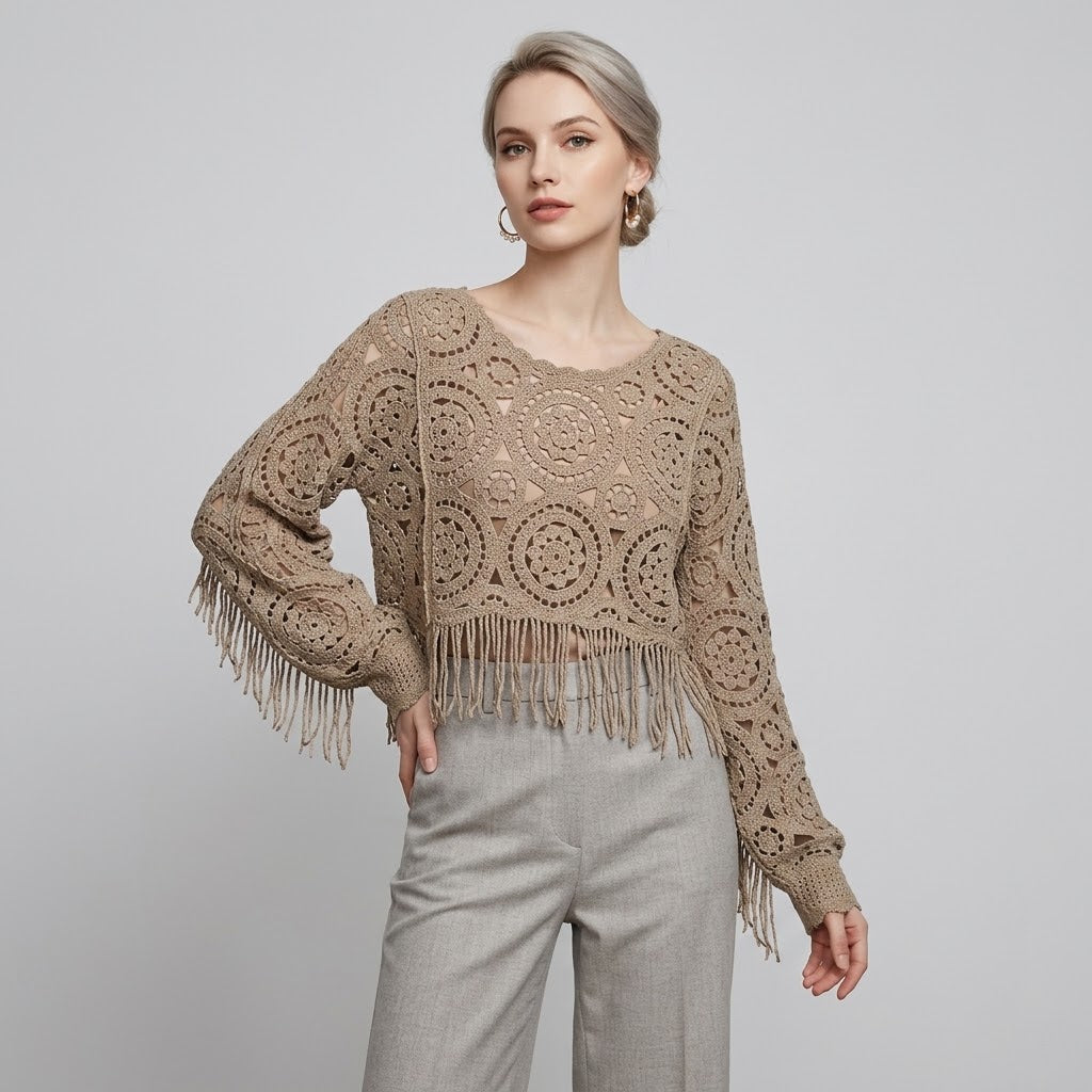 Fringe Crochet Open-Knit Batwing Top