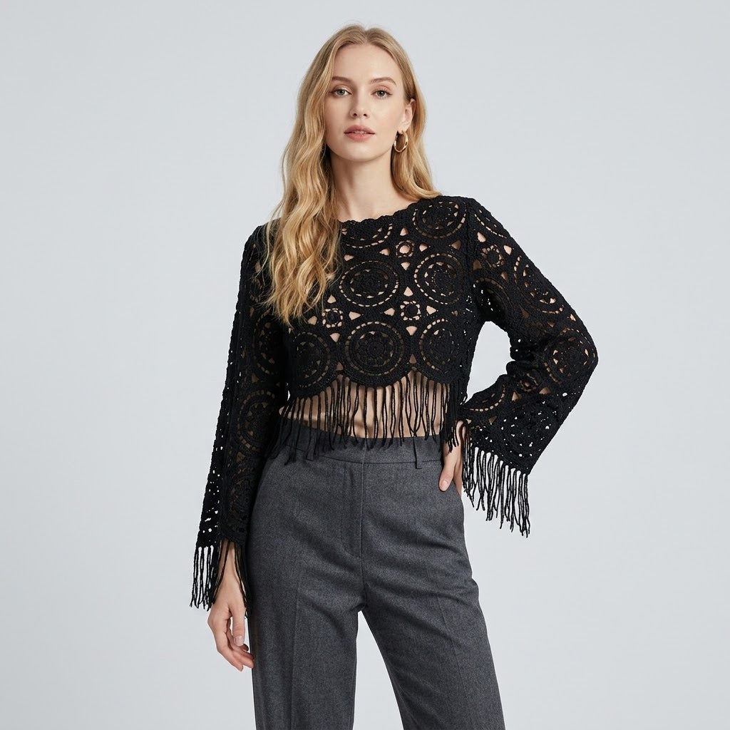 Fringe Crochet Open-Knit Batwing Top