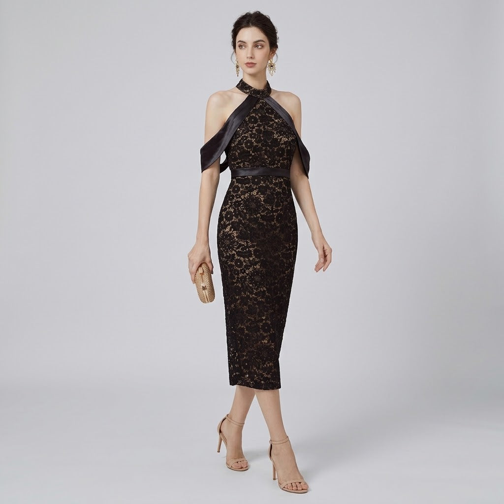 Avant-Garde Halter Lace Midi Dress