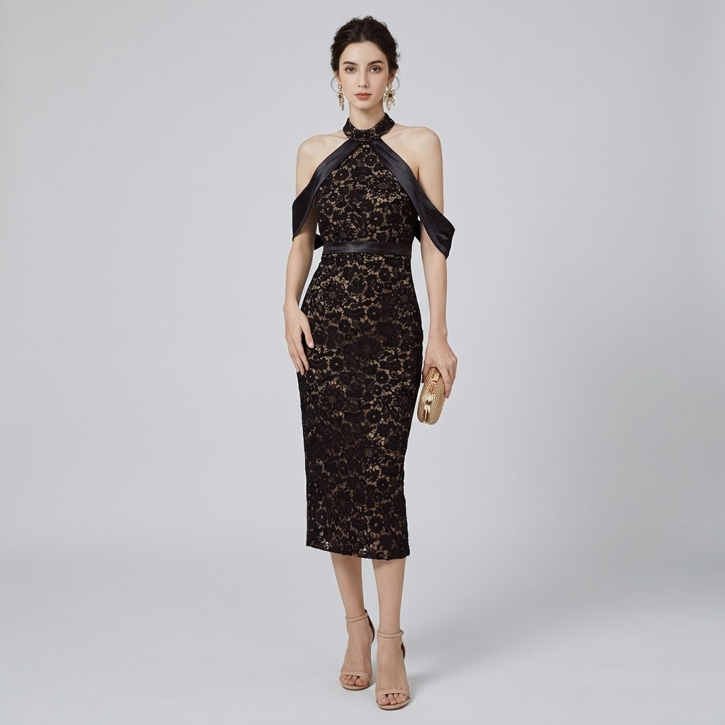 Avant-Garde Halter Lace Midi Dress