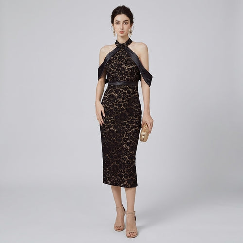 Avant-Garde Halter Lace Midi Dress