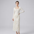 Sculptural Square-Neck Paneled Knit Evening Maxi Dress