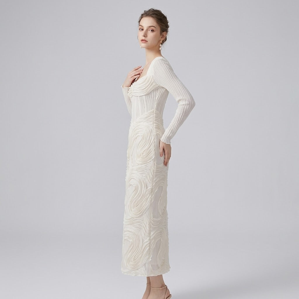 Sculptural Square-Neck Paneled Knit Evening Maxi Dress