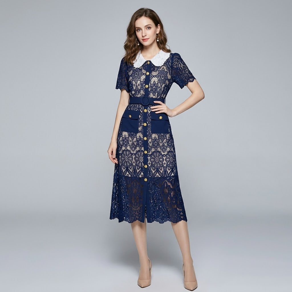 Lace Openwork Contrast Collar Tailored Sheath Dress