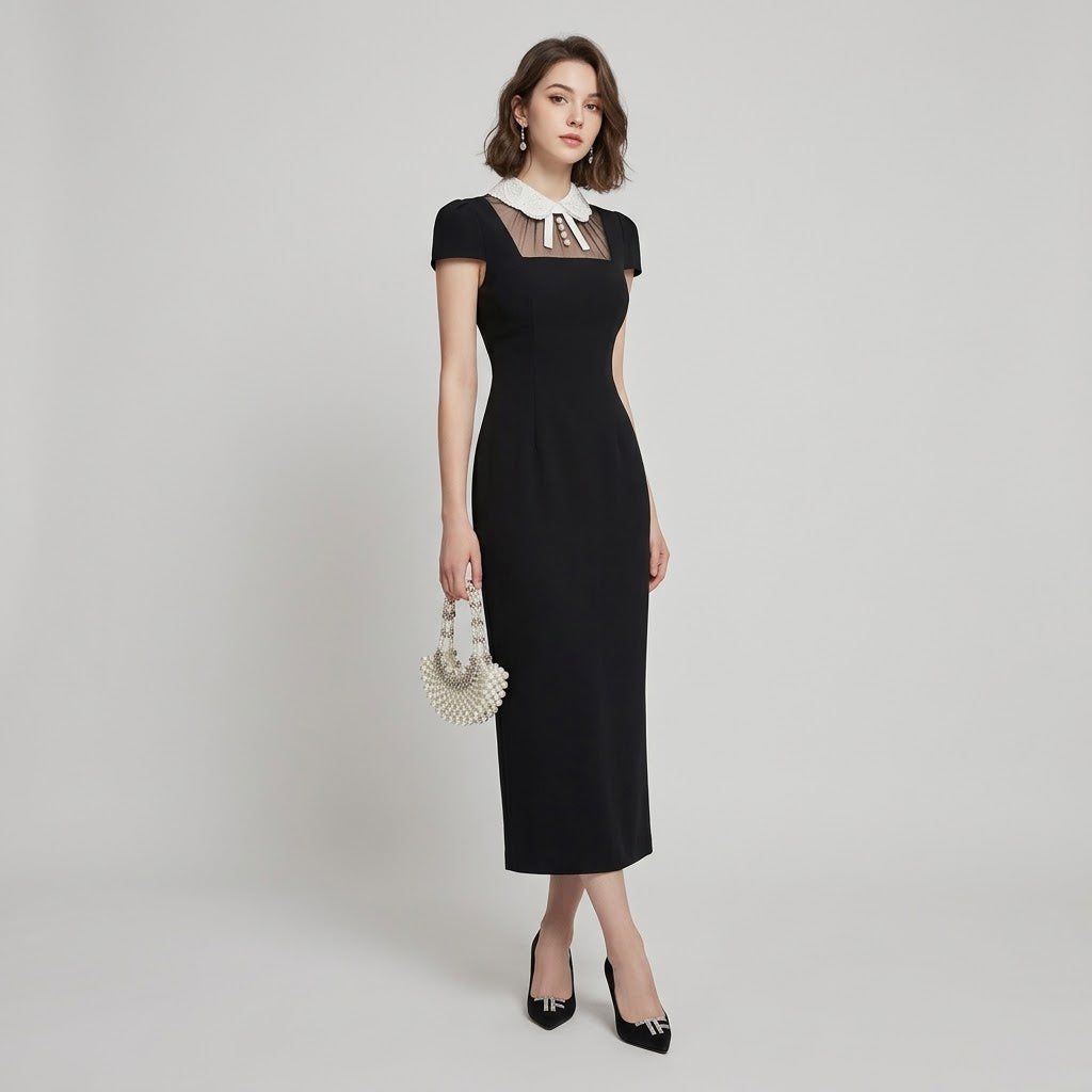 Embroidered & Beaded Contrast Turn-Down Collar Maxi Dress