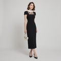 Embroidered & Beaded Contrast Turn-Down Collar Maxi Dress