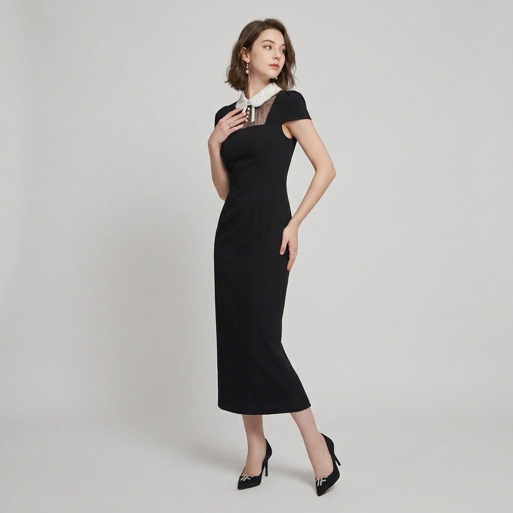 Embroidered & Beaded Contrast Turn-Down Collar Maxi Dress