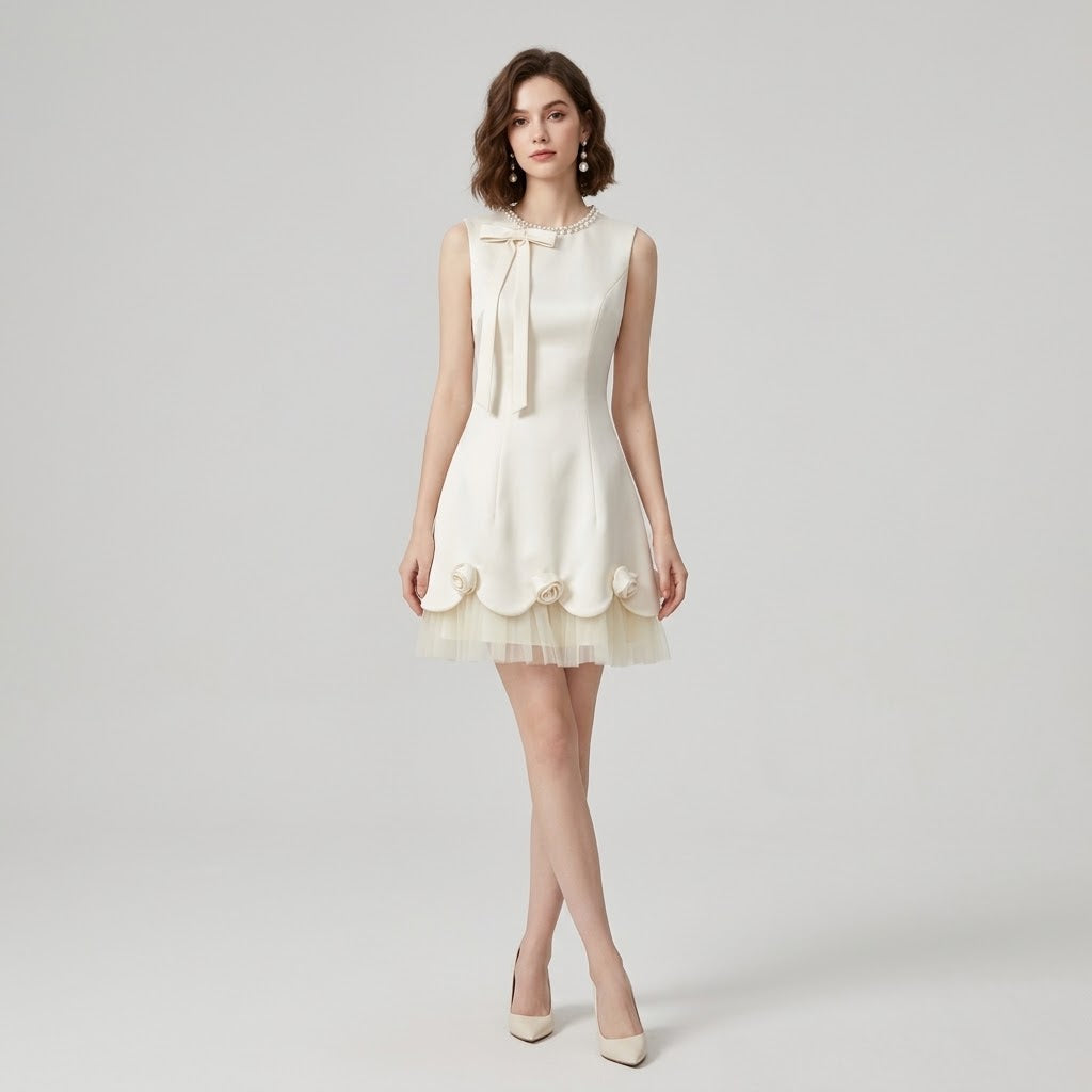 3D Floral Beaded Bow-Accented A-Line Dress