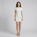 Sculptural Ruched-Waist Crewneck Knit Midi Dress