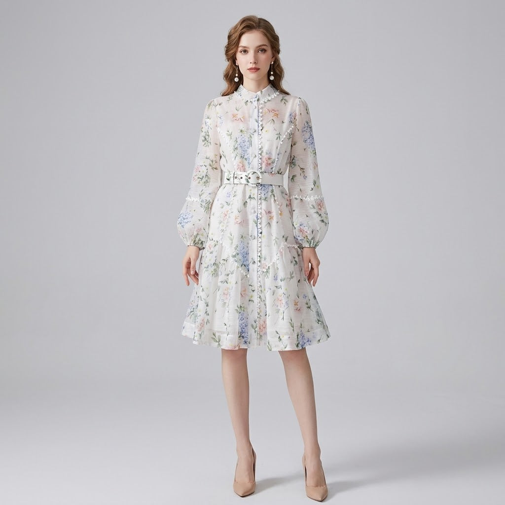 Lace-Trim Stand Collar Printed Midi Dress