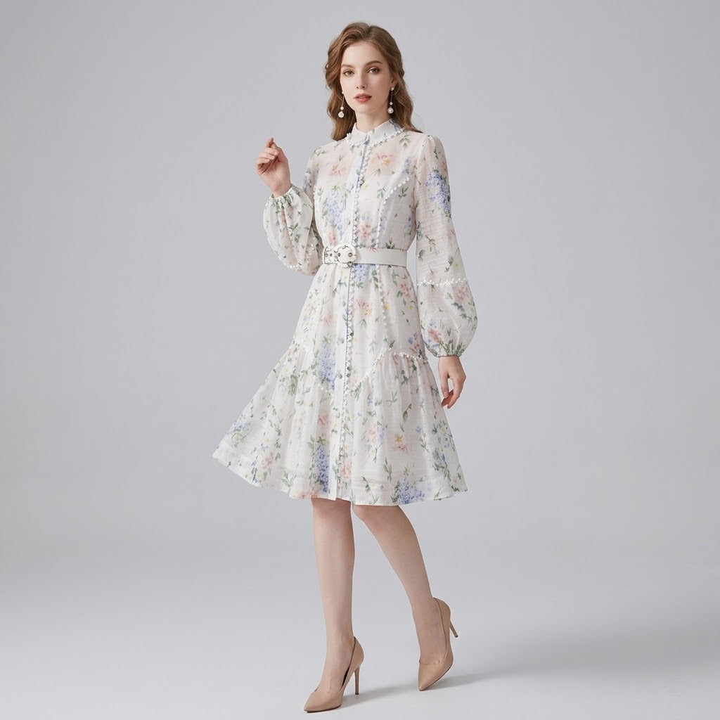 Lace-Trim Stand Collar Printed Midi Dress
