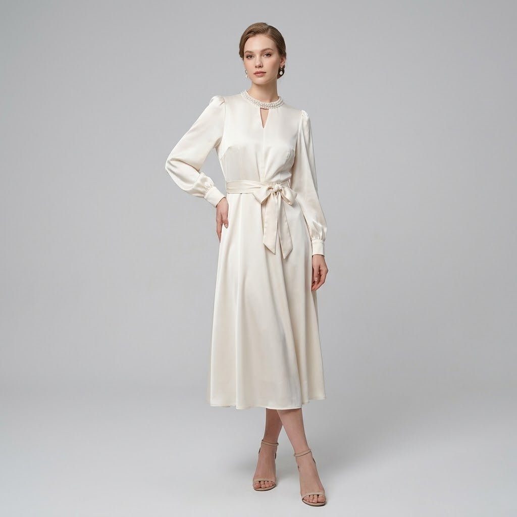 Pearl-Accented Satin Lantern Sleeve Midi Dress