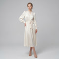 Pearl-Accented Satin Lantern Sleeve Midi Dress