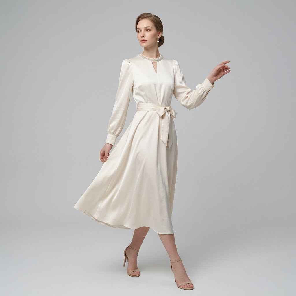 Pearl-Accented Satin Lantern Sleeve Midi Dress