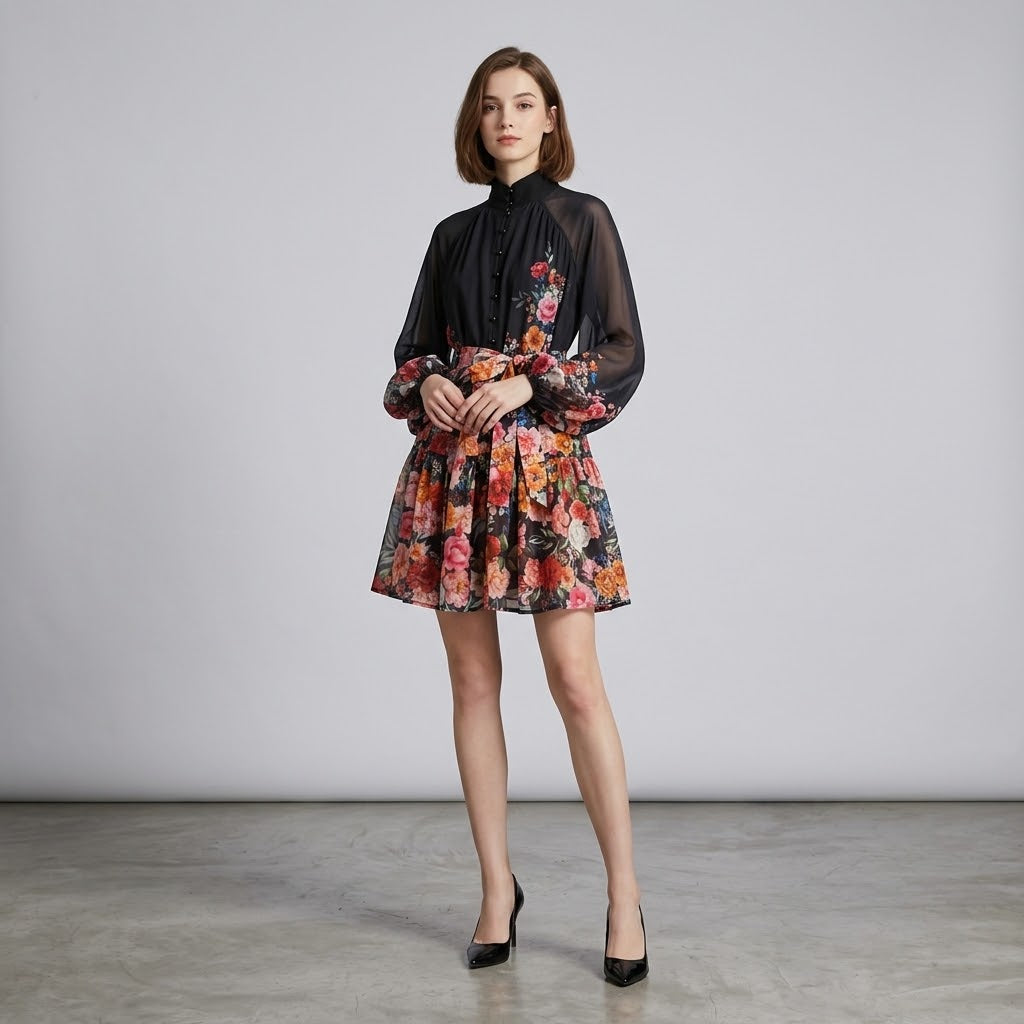 Printed Stand-Collar Button-Front Lantern Sleeve Mini Dress