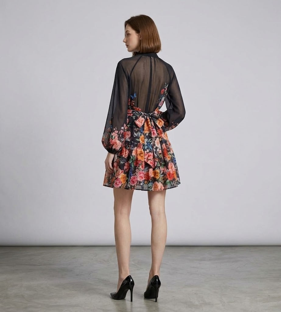 Printed Stand-Collar Button-Front Lantern Sleeve Mini Dress