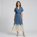 Vintage Contrast Lace-Spliced Denim Mermaid Maxi Dress