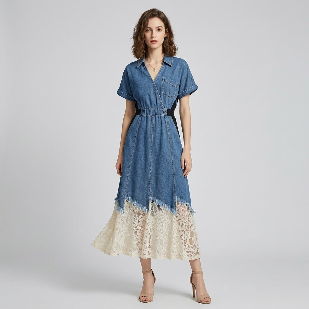 Vintage Contrast Lace-Spliced Denim Mermaid Maxi Dress