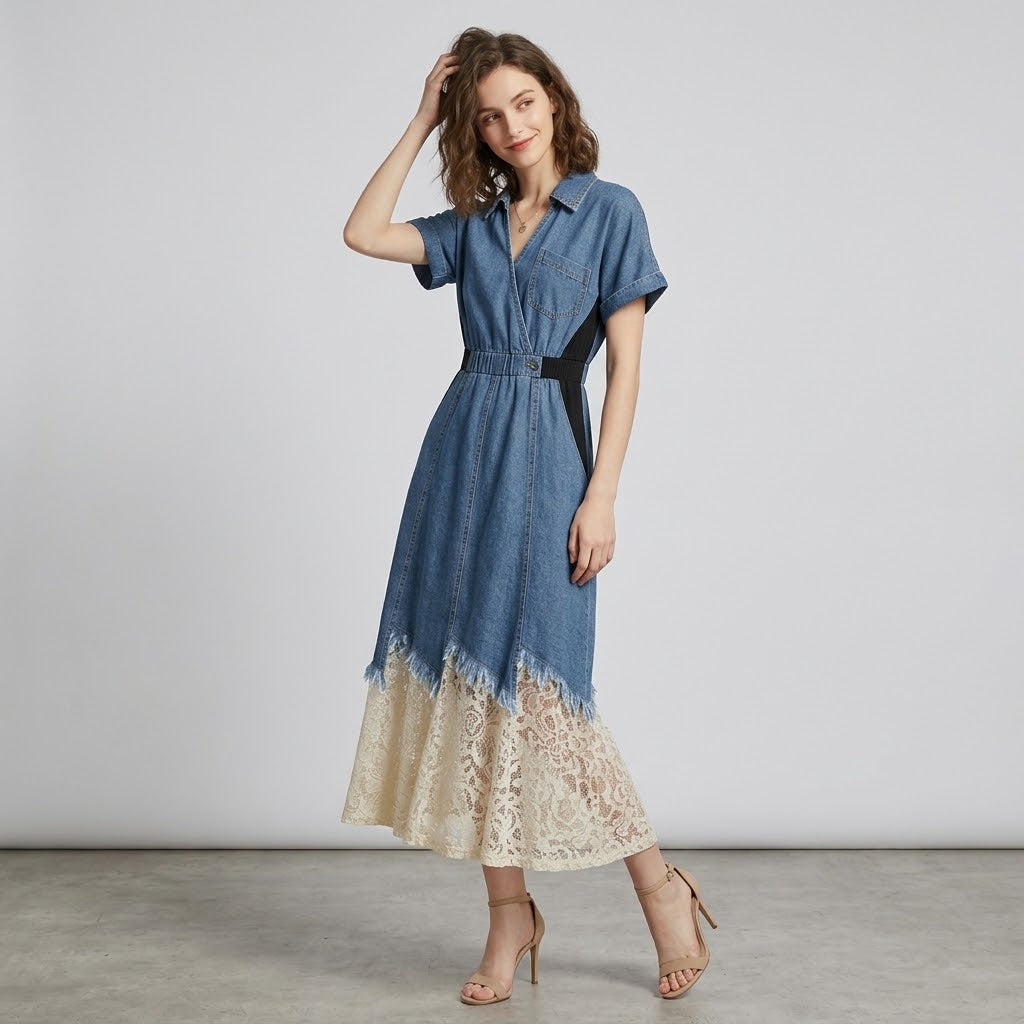 Vintage Contrast Lace-Spliced Denim Mermaid Maxi Dress
