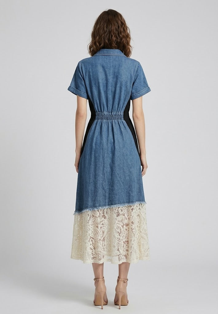 Vintage Contrast Lace-Spliced Denim Mermaid Maxi Dress
