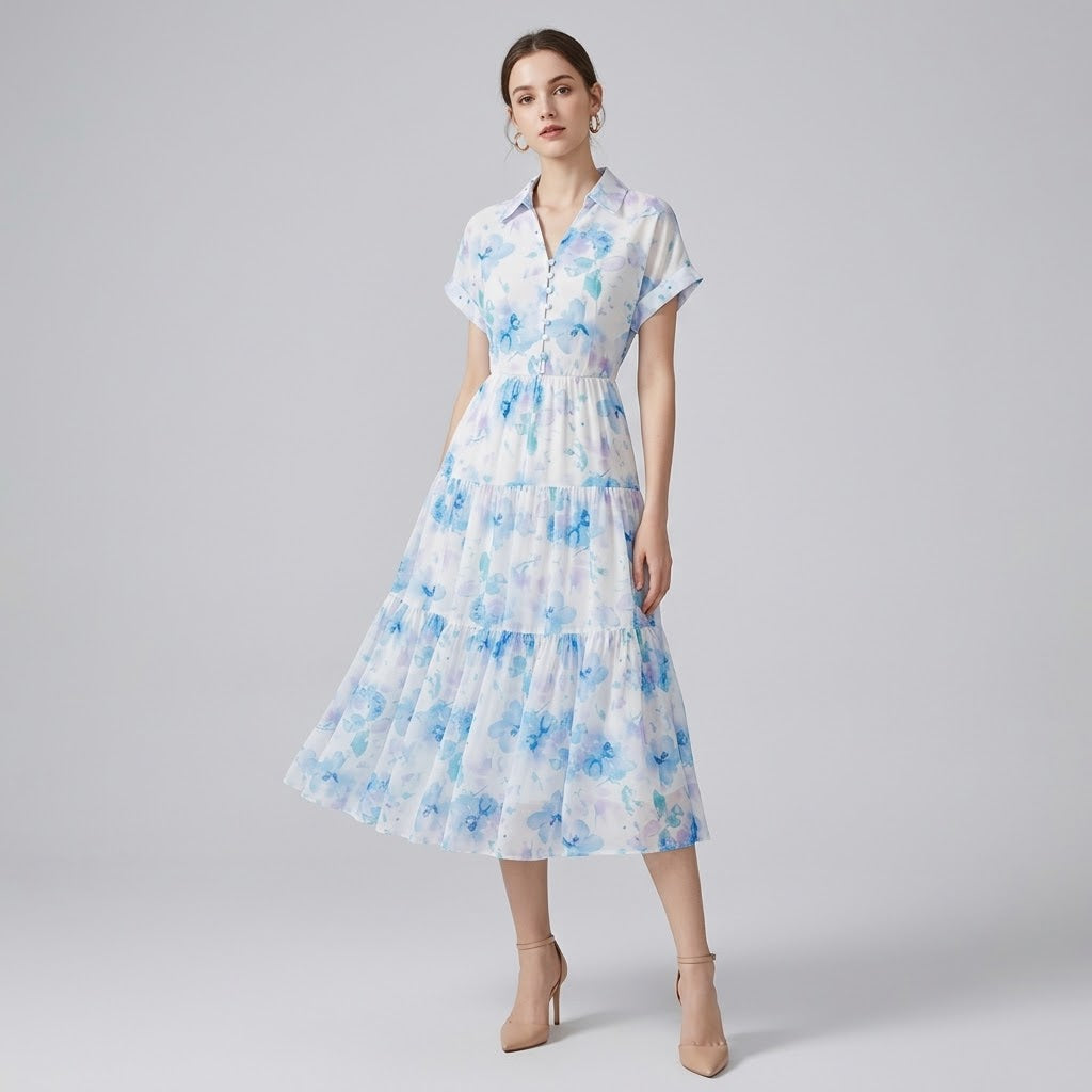 Vintage Floral Polo-Collar A-Line Maxi Dress