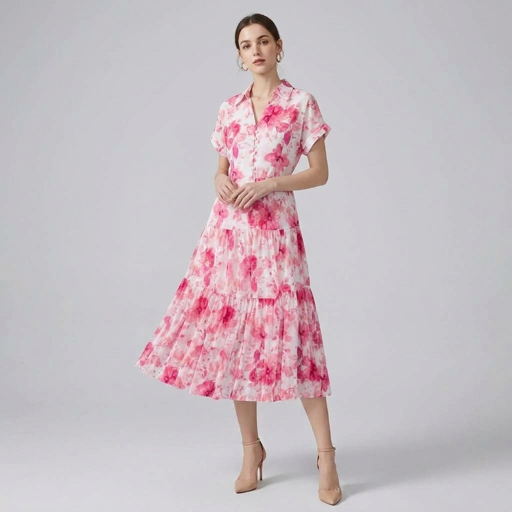 Vintage Floral Polo-Collar A-Line Maxi Dress