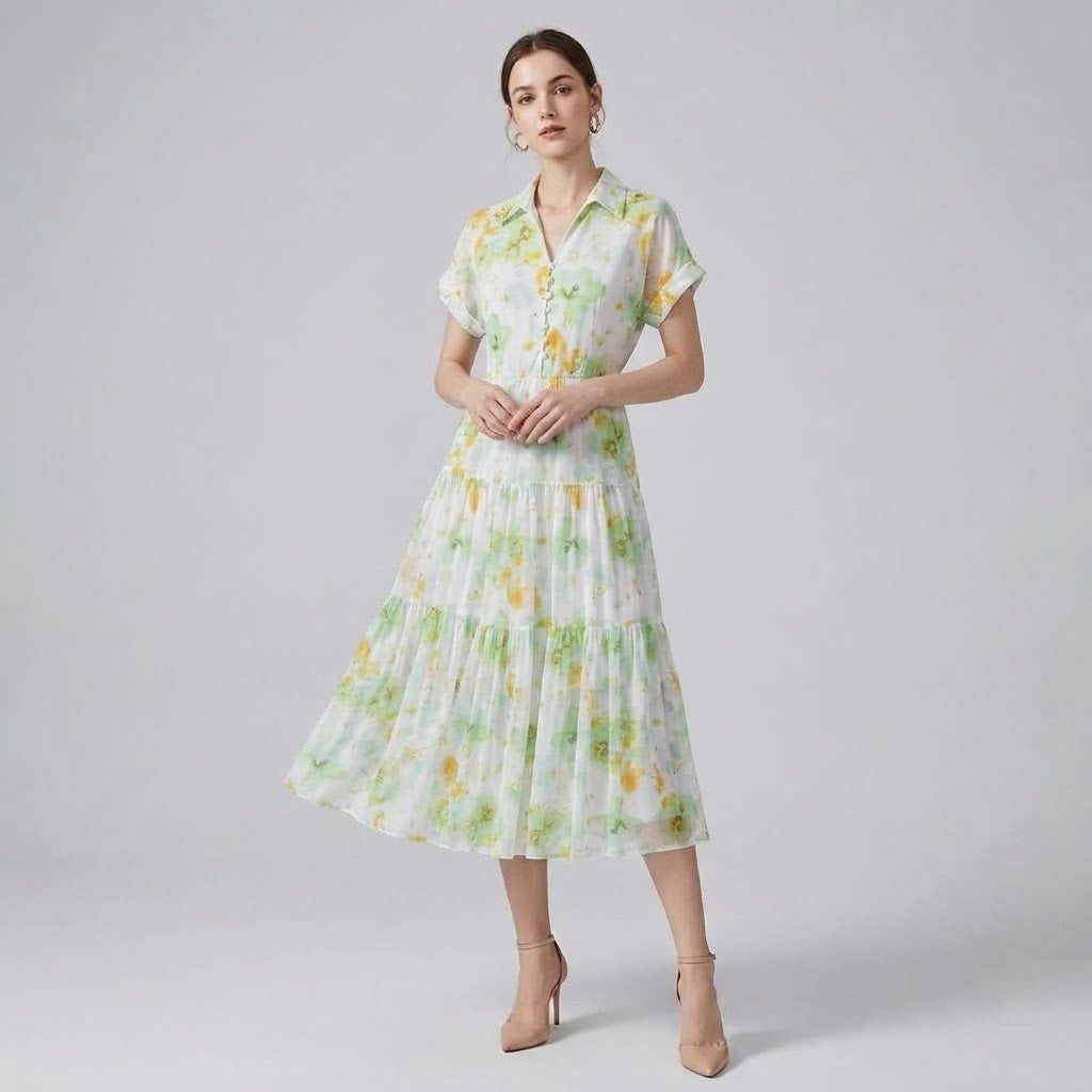 Vintage Floral Polo-Collar A-Line Maxi Dress