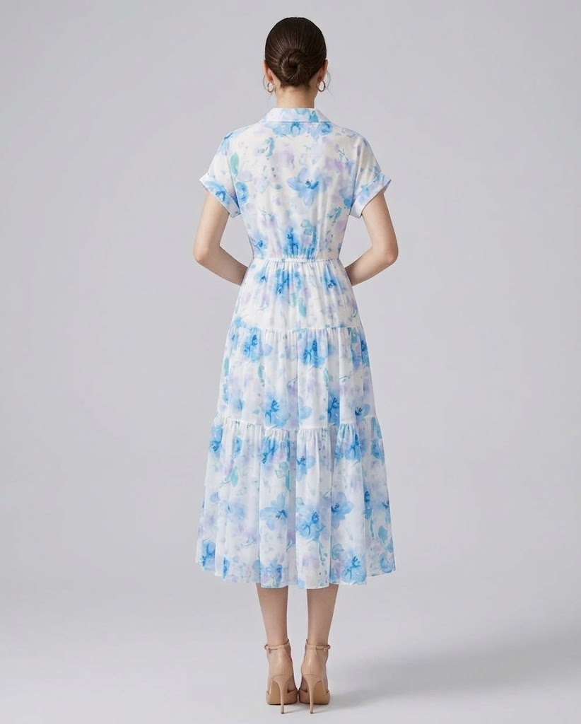 Vintage Floral Polo-Collar A-Line Maxi Dress