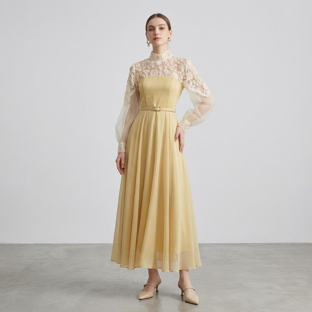 Lace-Spliced Tulle & Satin Lantern Sleeve Maxi Dress