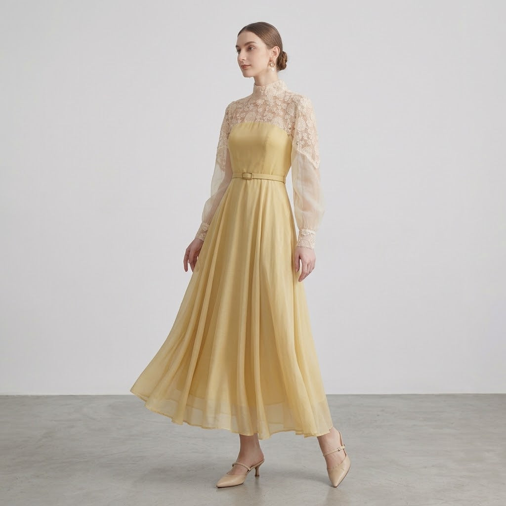 Lace-Spliced Tulle & Satin Lantern Sleeve Maxi Dress