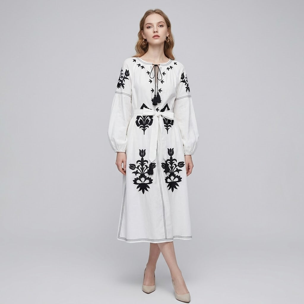 Embroidered Standout Lantern Sleeve Bohemian Maxi Dress
