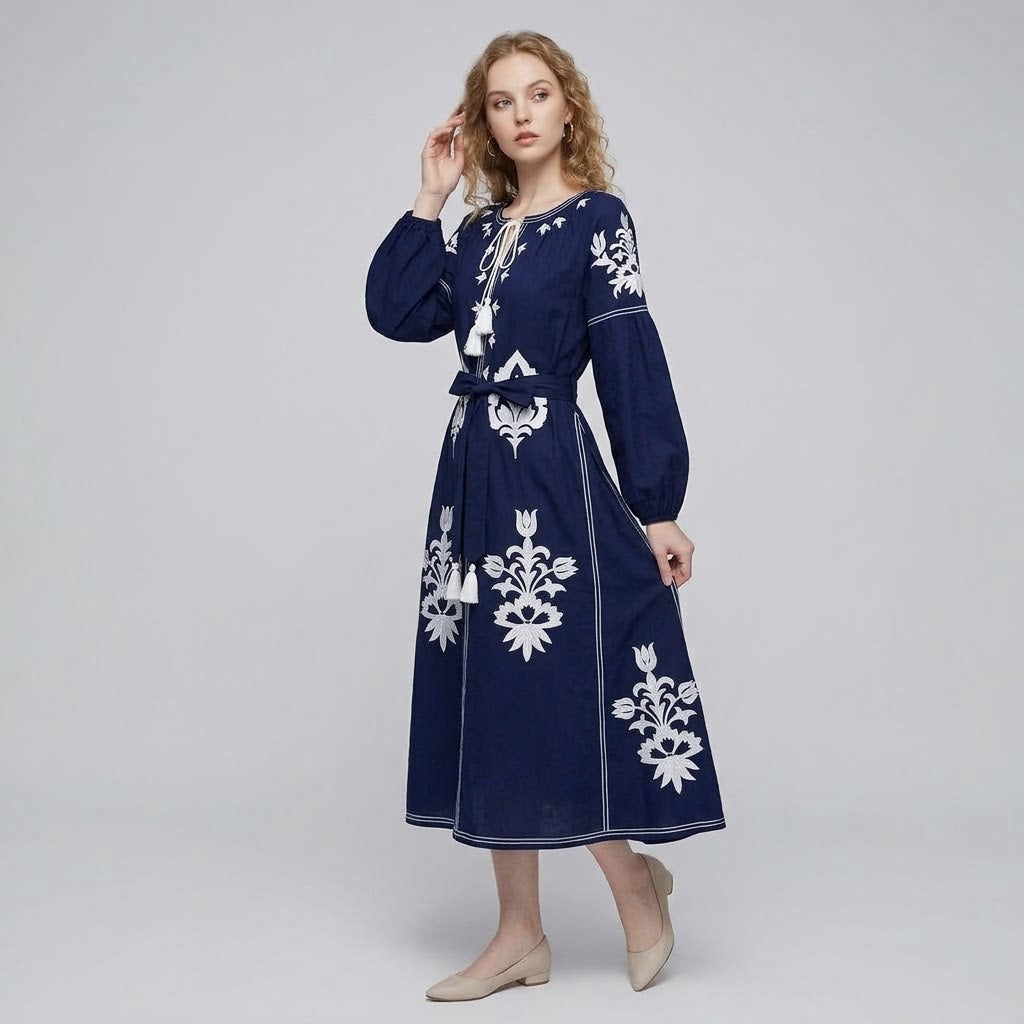 Embroidered Standout Lantern Sleeve Bohemian Maxi Dress