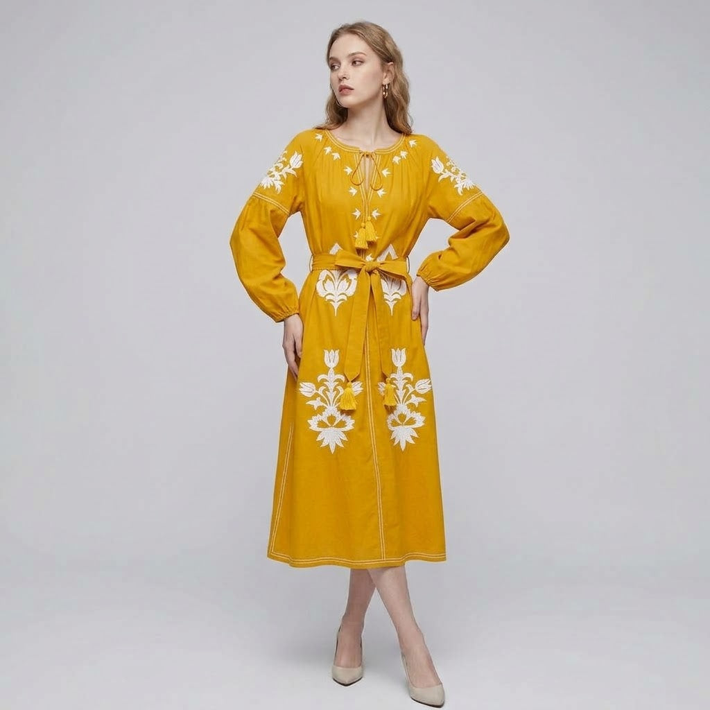 Embroidered Standout Lantern Sleeve Bohemian Maxi Dress
