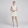 Crystal-Flower Button Tweed Sleeveless Mini Dress