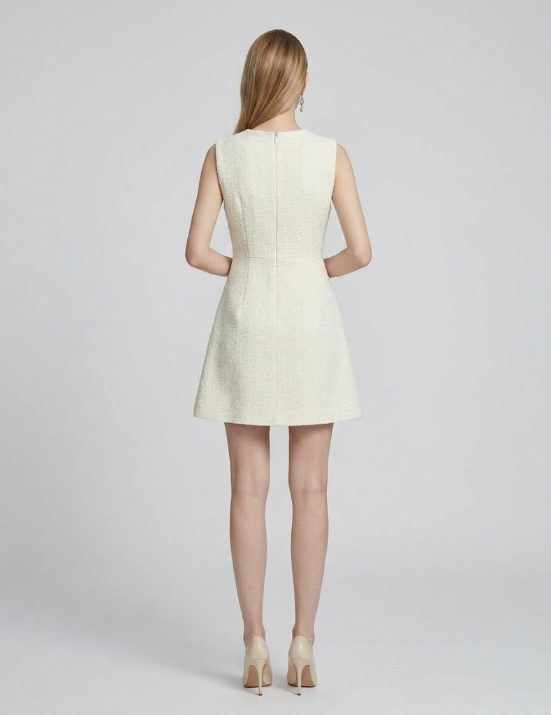 Crystal-Flower Button Tweed Sleeveless Mini Dress