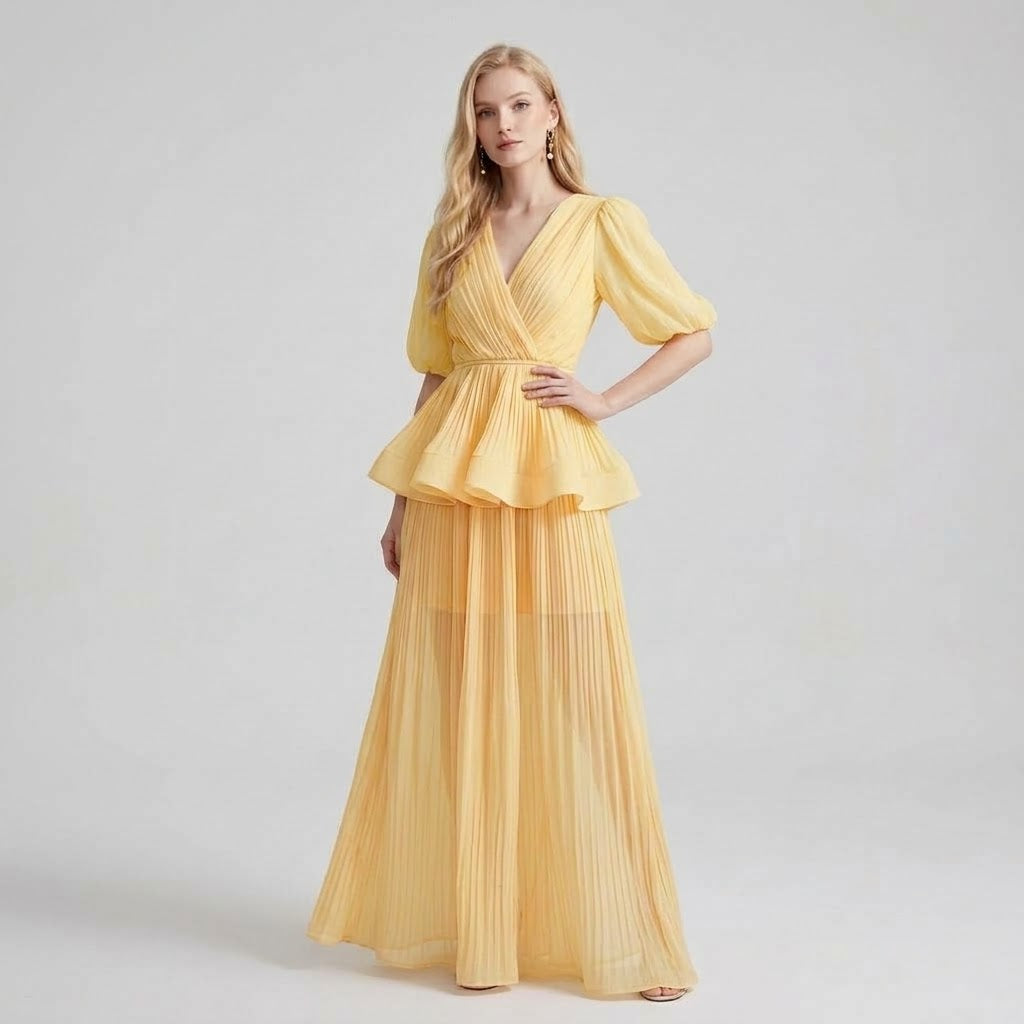 V-Neck Tiered Ruffle Lantern Sleeves Maxi Dress
