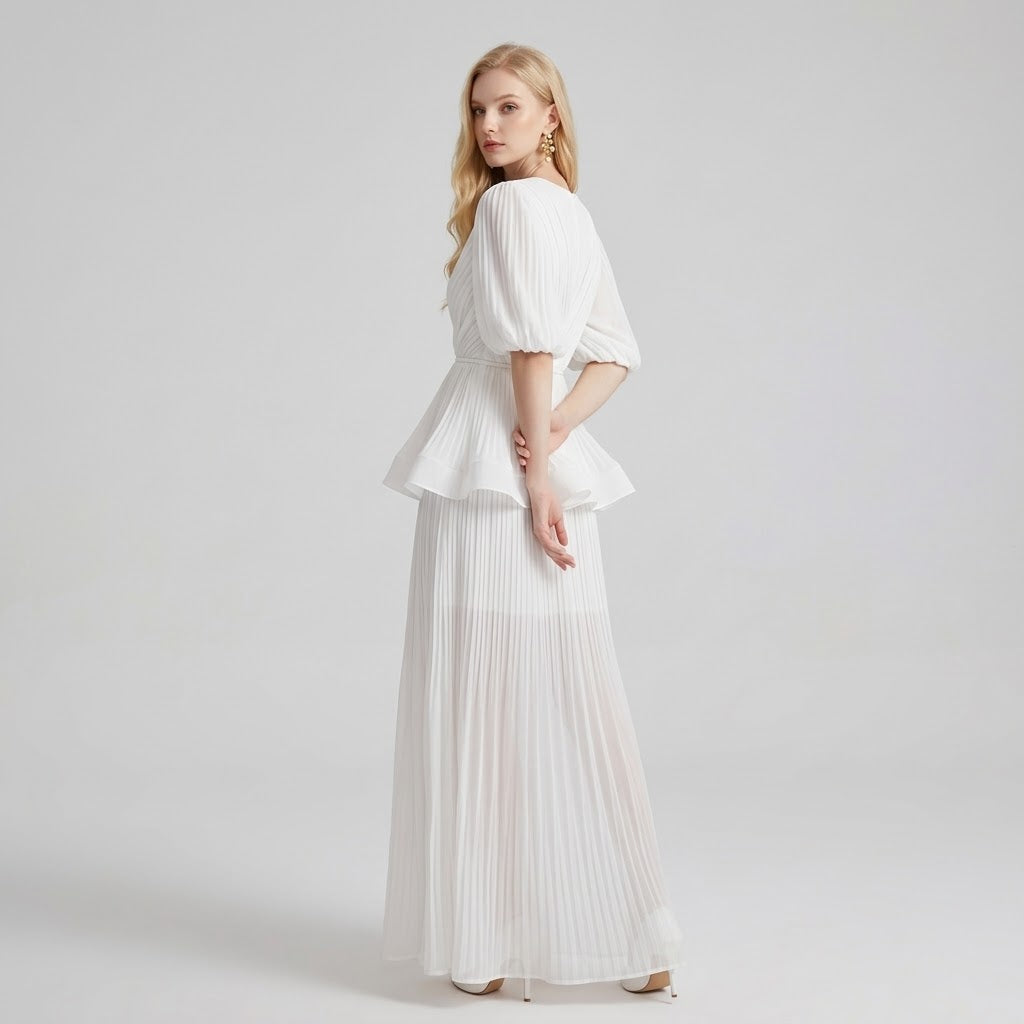 V-Neck Tiered Ruffle Lantern Sleeves Maxi Dress