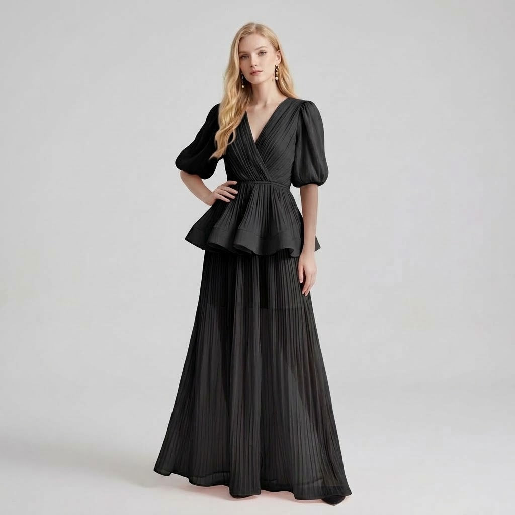 V-Neck Tiered Ruffle Lantern Sleeves Maxi Dress