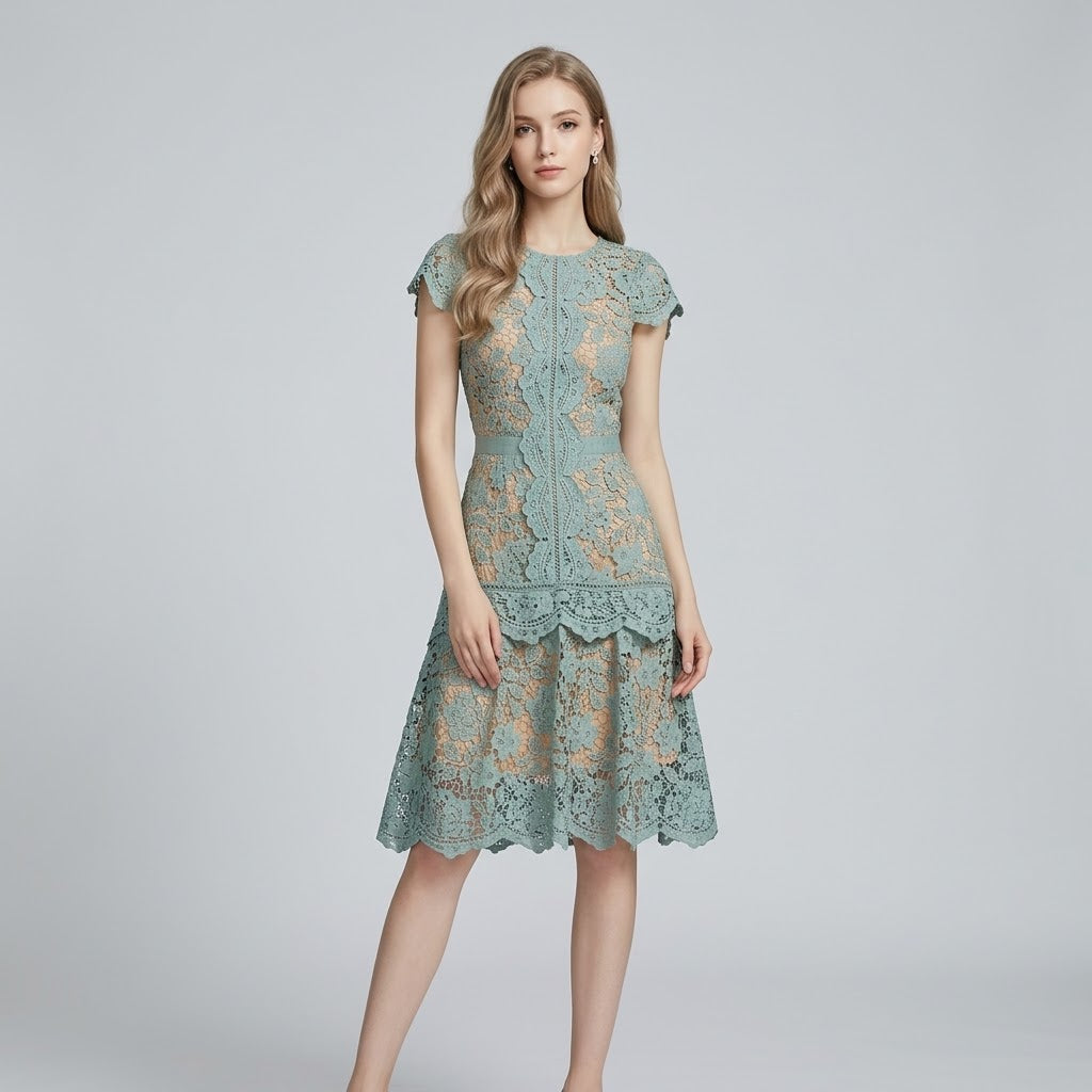 Guipure Lace Openwork High-Waist Midi Dress