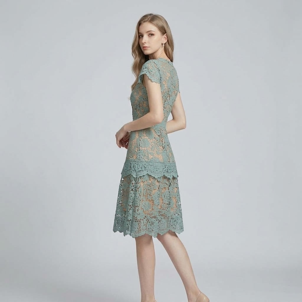 Guipure Lace Openwork High-Waist Midi Dress