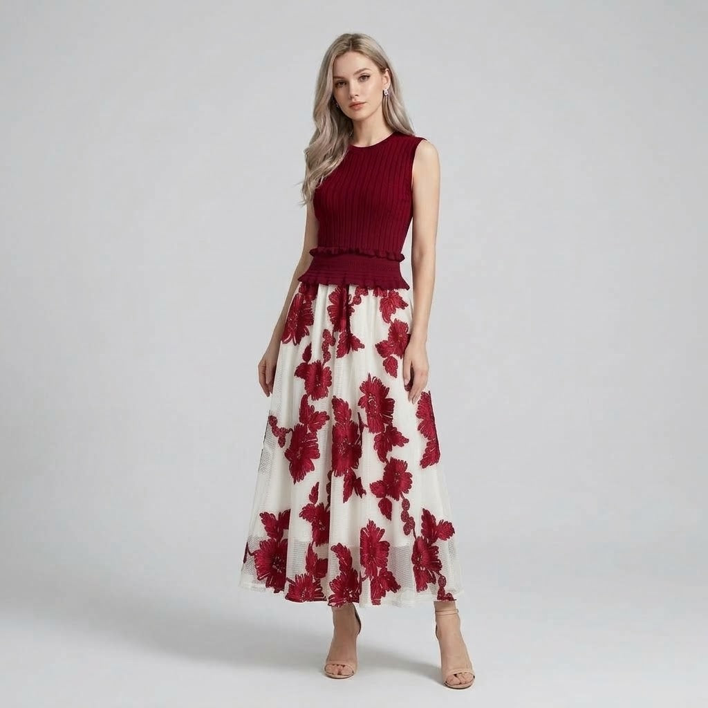 Floral Embroidered Tulle-Spliced Maxi Dress
