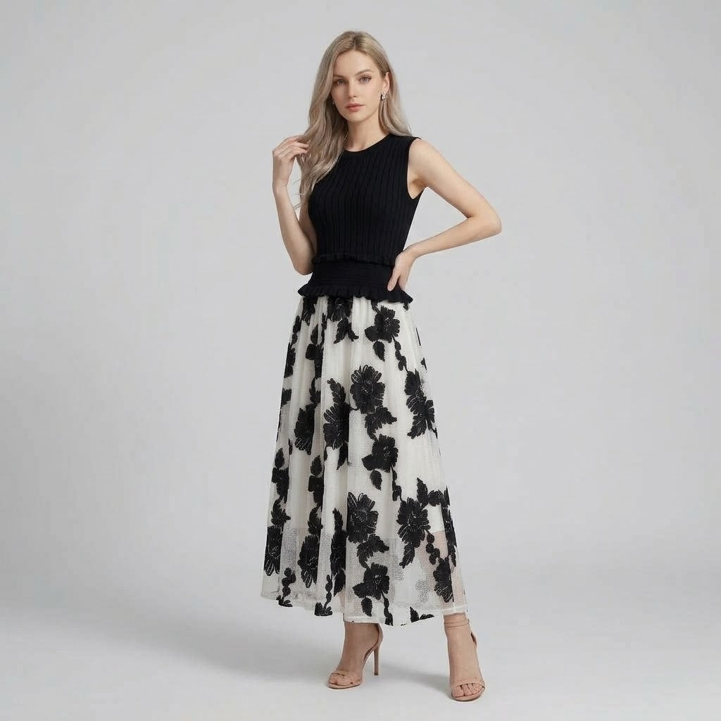 Floral Embroidered Tulle-Spliced Maxi Dress