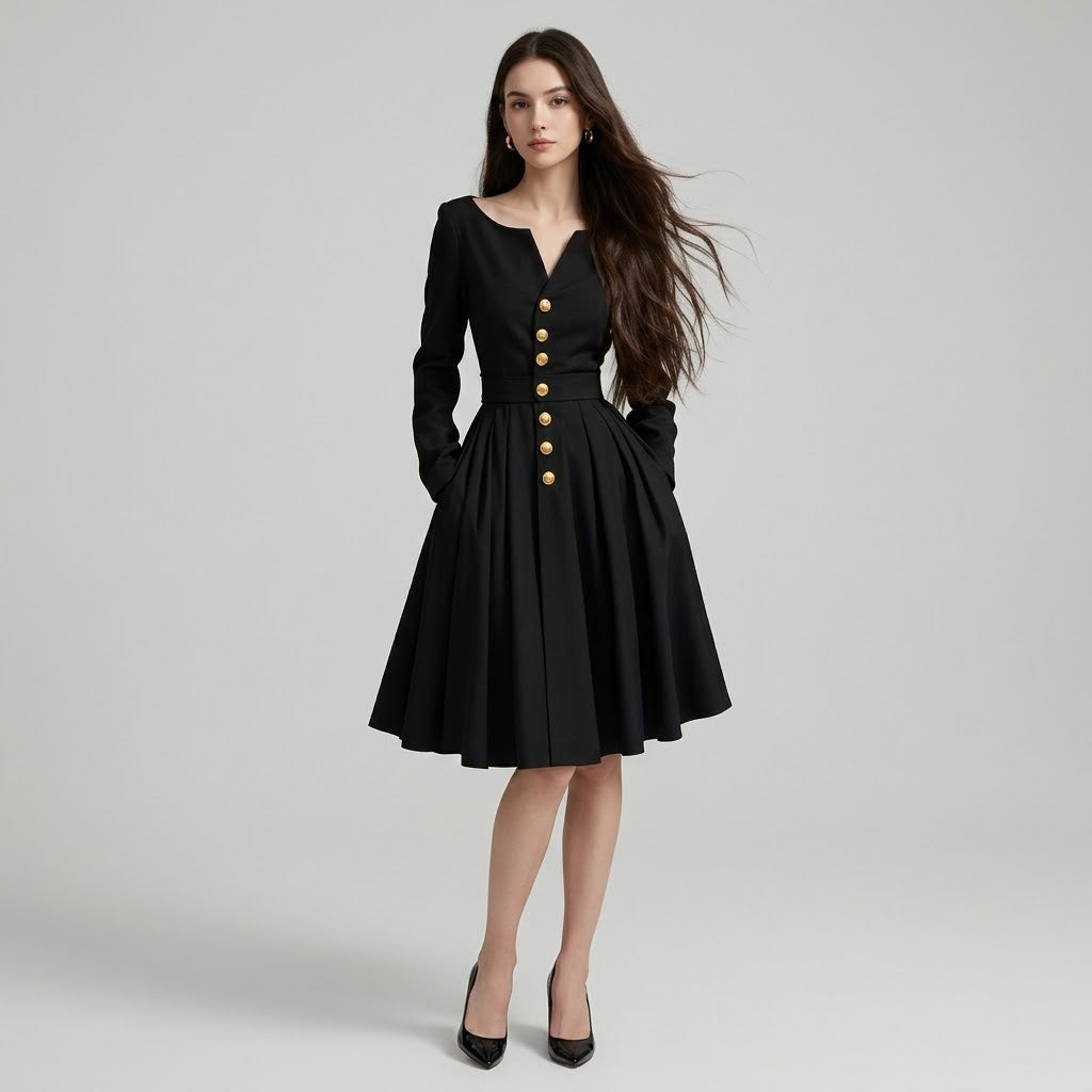 Single-Breasted V-Neck Tailored Dress