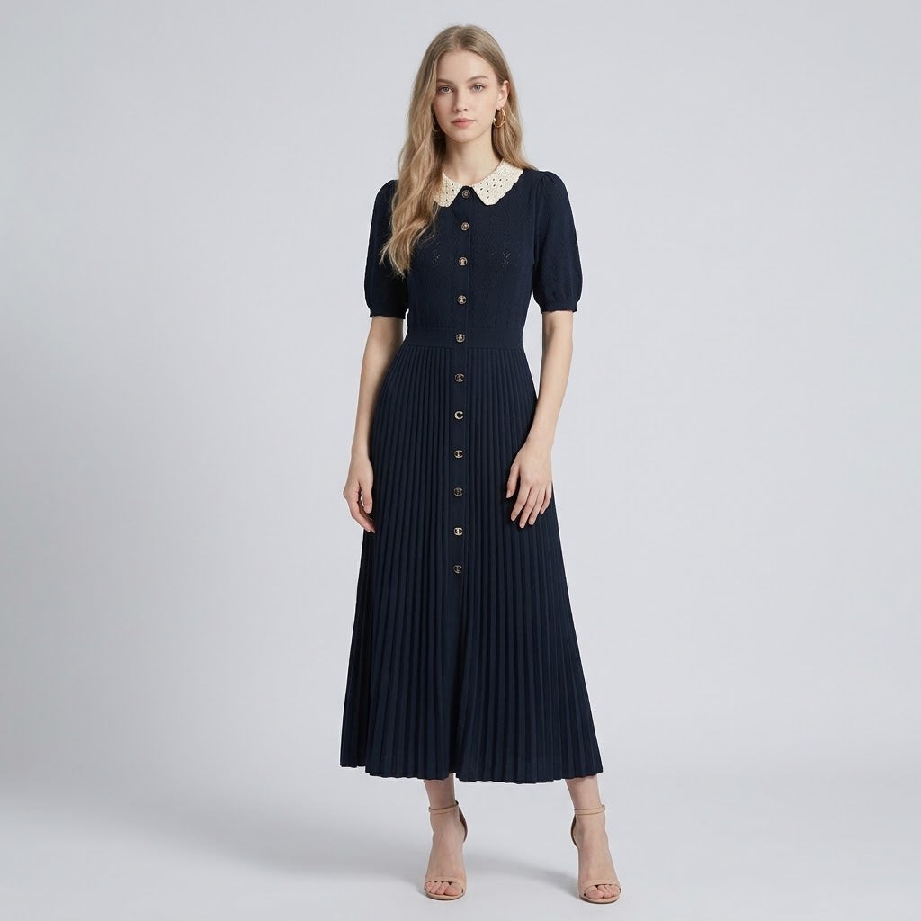 Vintage Lace-Spliced Button-Front Knit Mermaid Maxi Dress