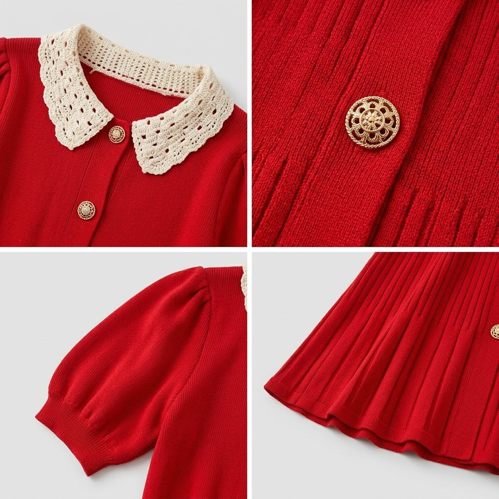 Vintage Lace-Spliced Button-Front Knit Mermaid Maxi Dress
