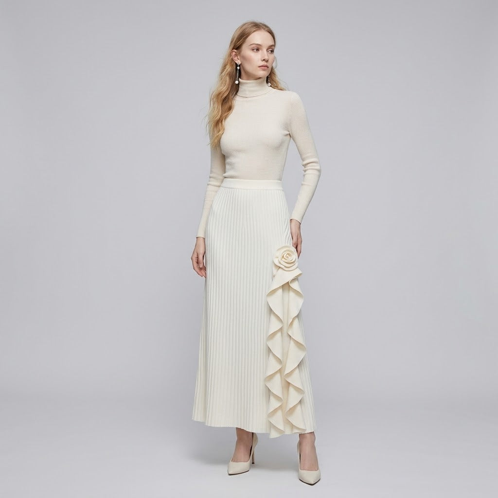 French Asymmetrical Rose-Detail High-Waist Midi Skirt