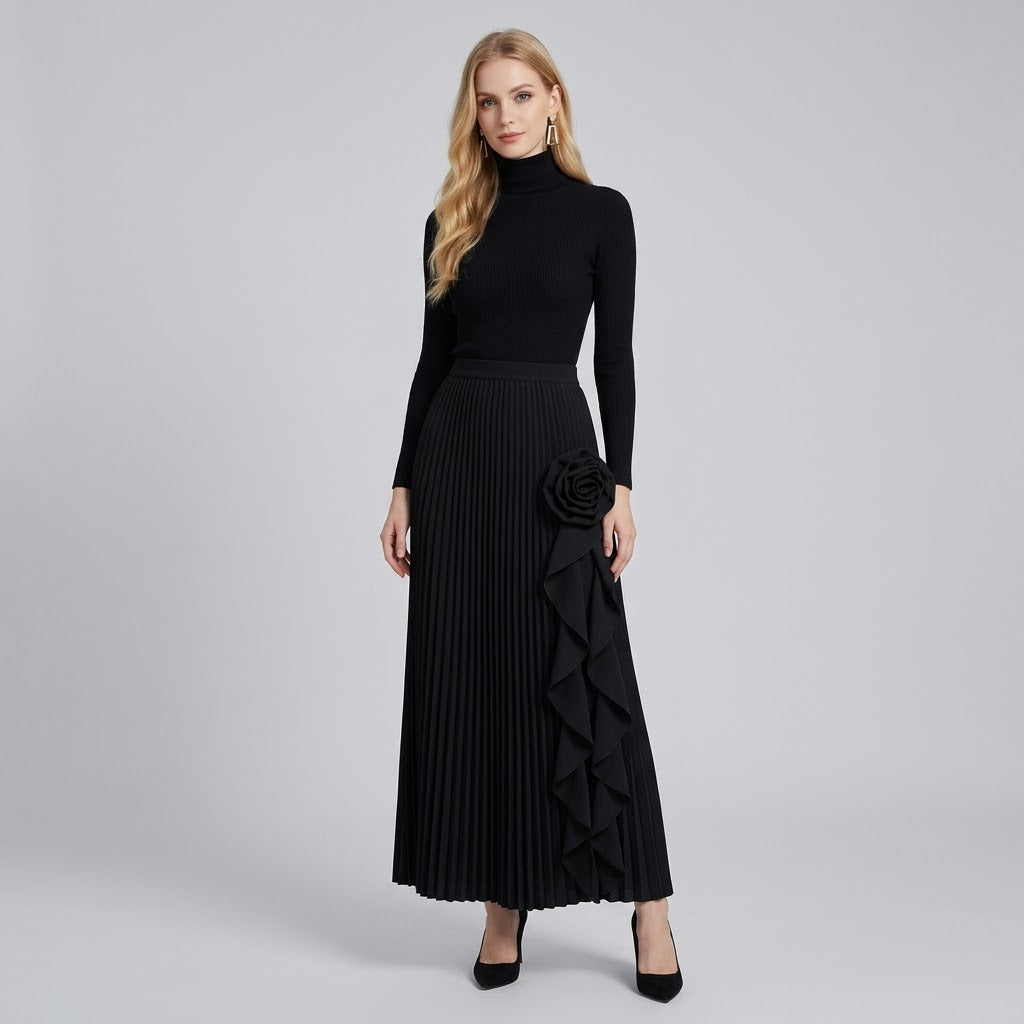 French Asymmetrical Rose-Detail High-Waist Midi Skirt