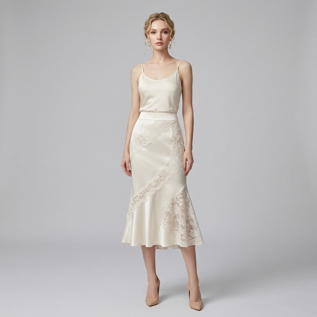 Lace-Paneled High-Waist Midi Skirt